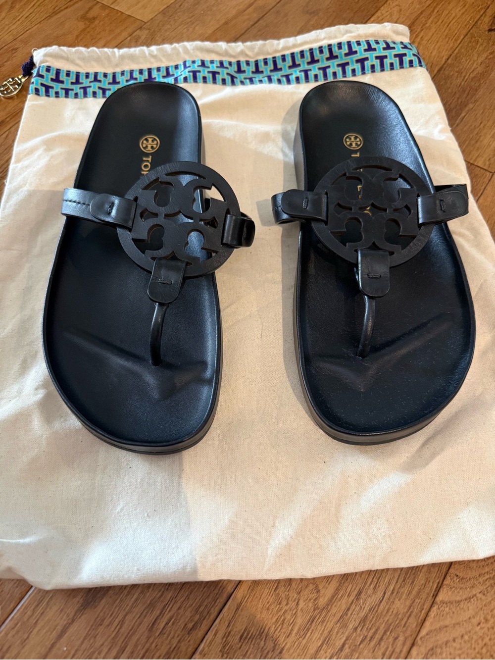 Tory Burch Black Logo Thong Slide Sandals